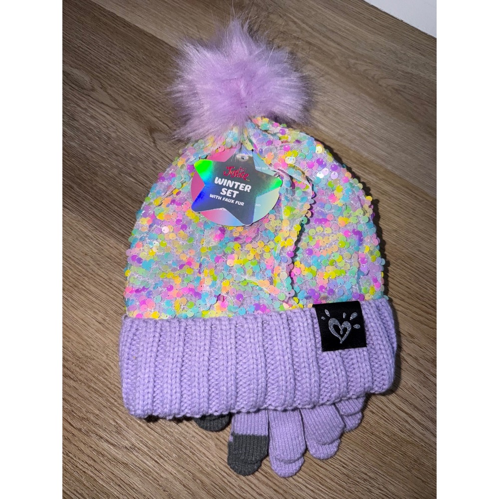 Girl sequin beanie hat and glove set